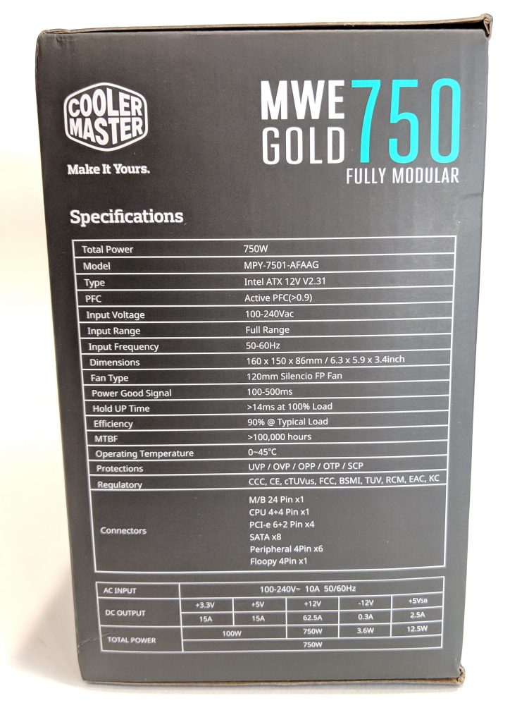 Cooler Master MWE Gold 750 PSU Box Specs