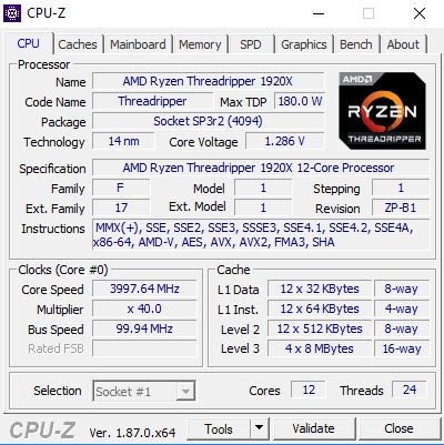 AMD Ryzen Threadripper 1920X CPUZ 4.0GHz