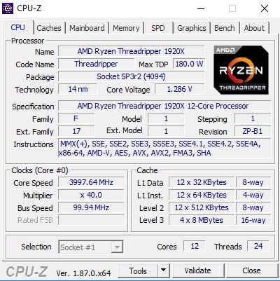 AMD Ryzen Threadripper 1920X 12-Core 3.5GHz Processor - Socket TR4, X399 - Open Box Tested